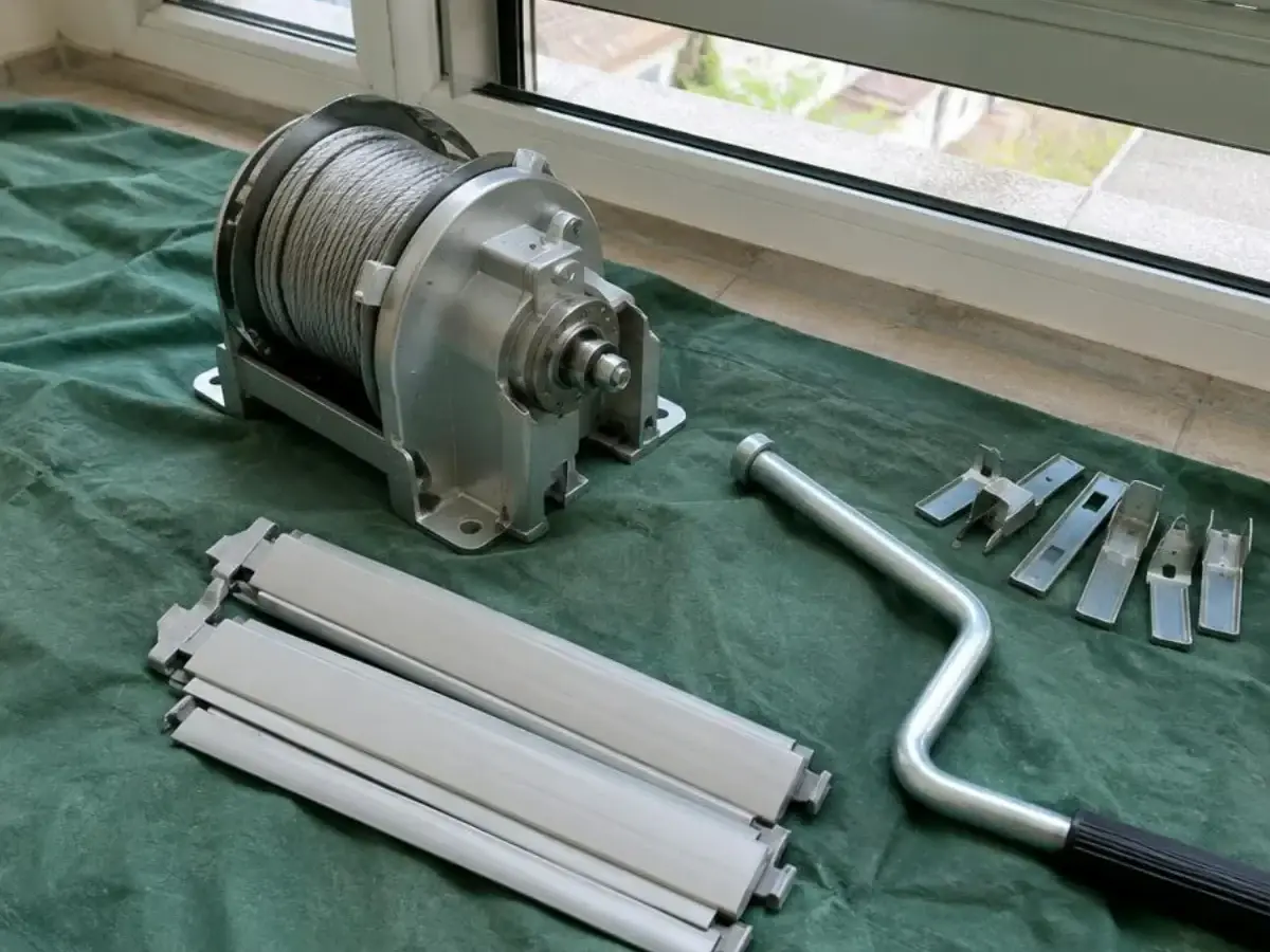 Treuil neuf, manivelle coudée, lames et attaches de volet roulant étalés sur une bâche verte au pied d'une fenêtre