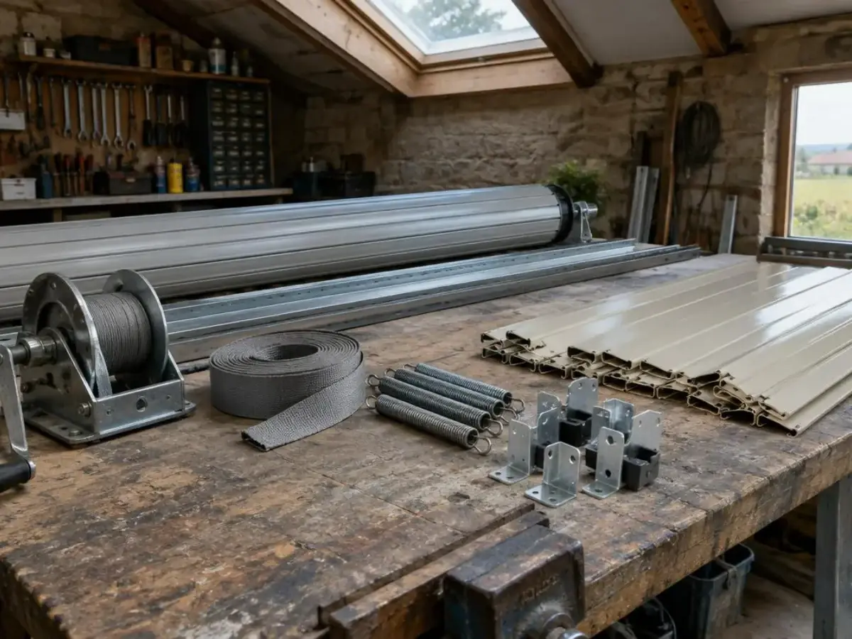 Établi en vieux bois dans un atelier rural : tubes d'enroulement, treuil, rouleau de sangle et lames de volet roulant