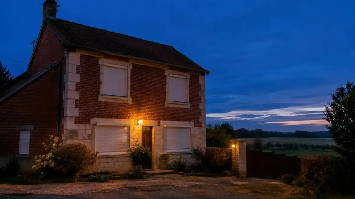 Fermette en brique rouge au crépuscule, volets roulants baissés et fenêtres éclairées, campagne de Hesbaye
