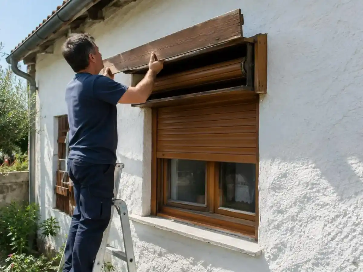 Technicien sur un escabeau intervenant sur le coffre d'un volet roulant en bois, façade enduite de blanc