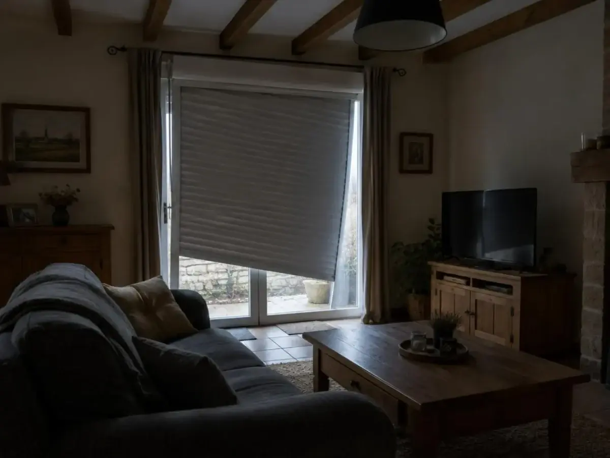 Volet roulant gris arrêté à mi-hauteur devant la fenêtre d'un séjour, canapé et meuble télé au premier plan