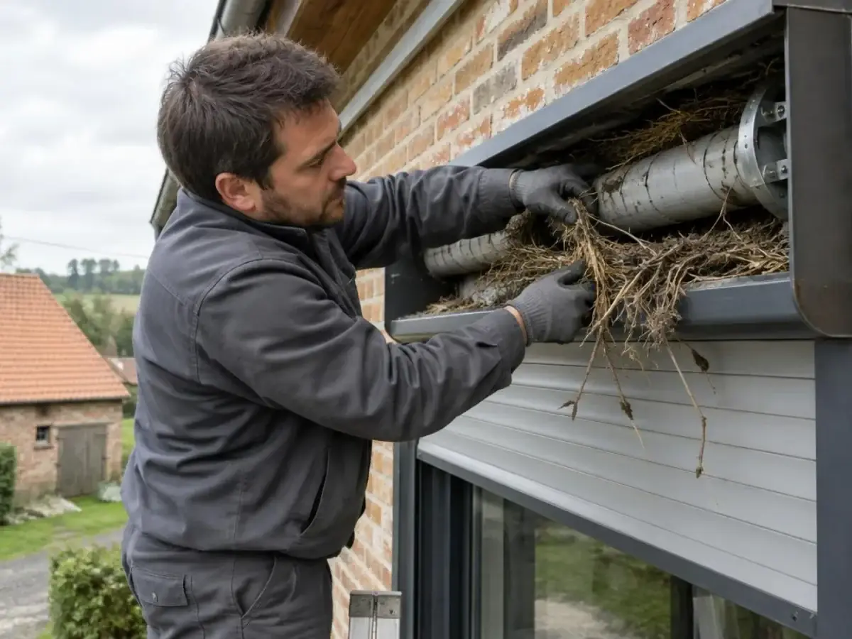 Technicien retirant de la paille et des brindilles du coffre extérieur d'un volet roulant sur une façade en brique