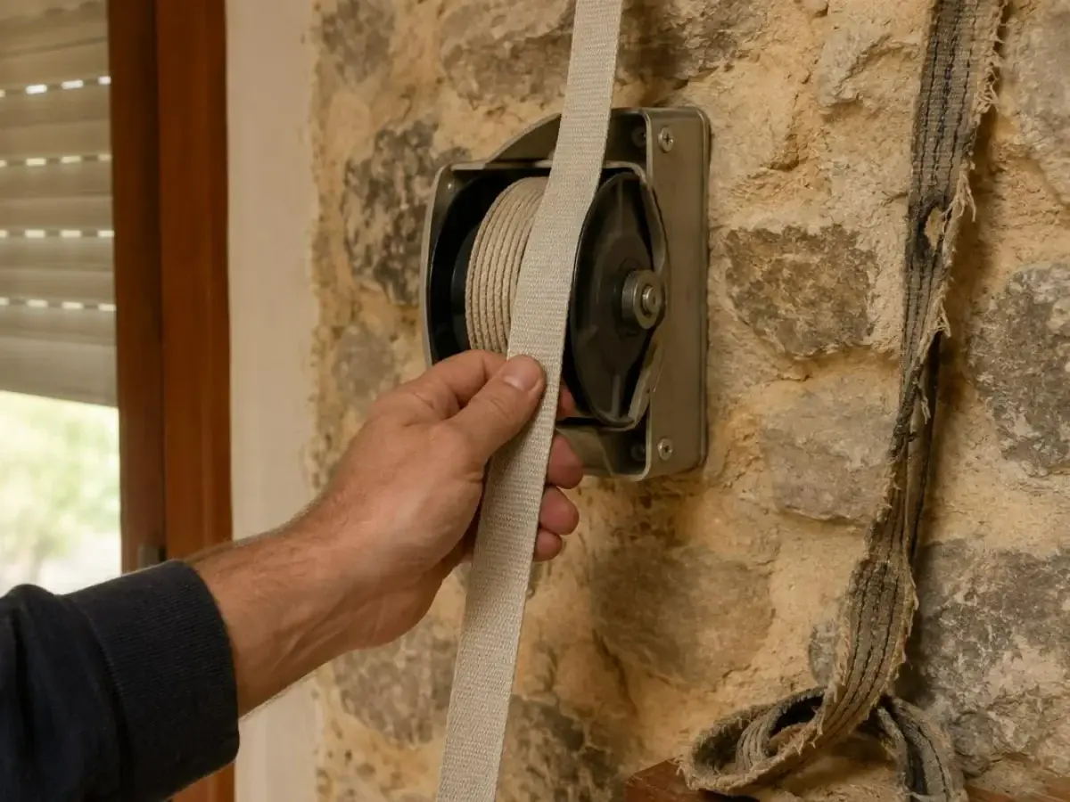 Main remplaçant la sangle d'un enrouleur sur un mur en pierre, ancienne sangle effilochée pendante