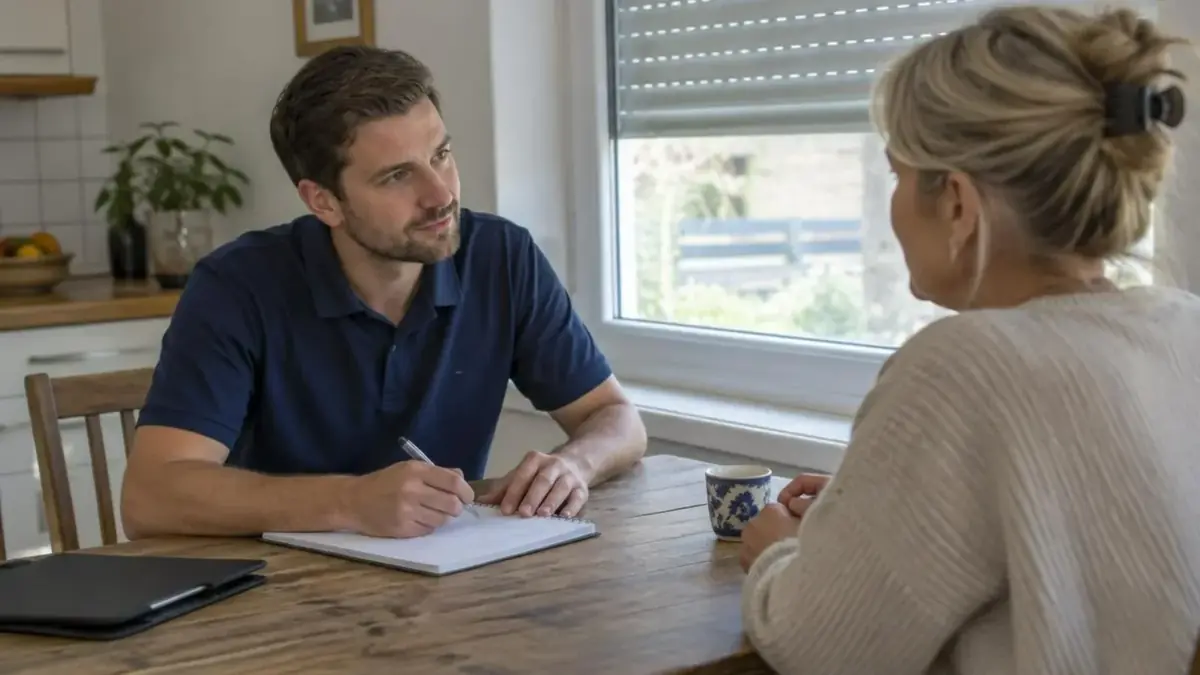 Technicien en polo bleu marine prenant des notes face à une habitante, à la table de sa cuisine