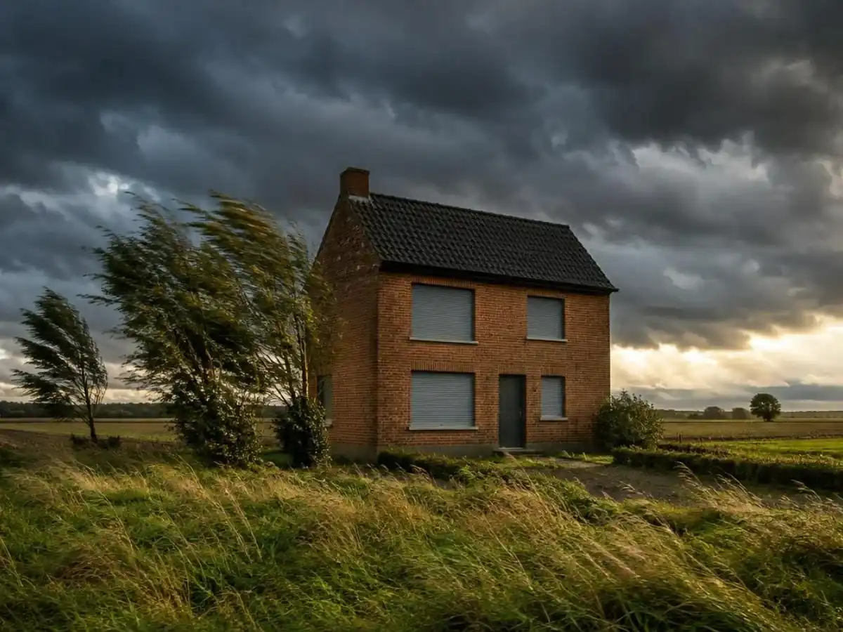 Maison isolée en brique entre les champs, arbres pliés par le vent sous un ciel de tempête