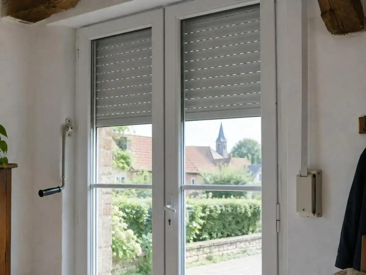 Porte-fenêtre à deux volets roulants gris, manivelle à gauche et boîtier de sangle au mur à droite