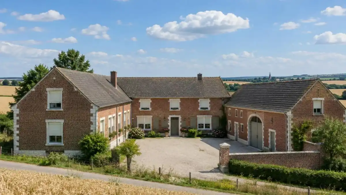 Ferme en carré en brique rouge et maisons voisines au milieu des cultures, sous un ciel bleu nuageux