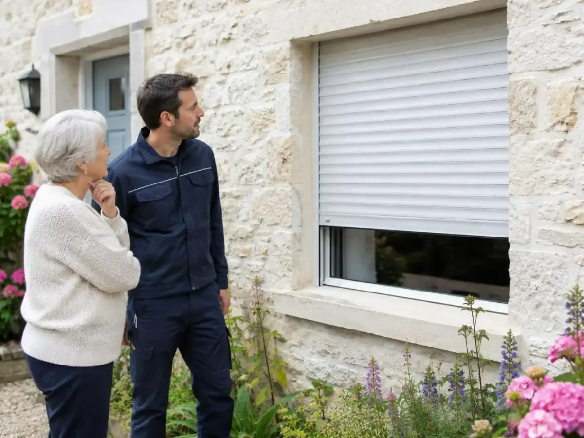 Habitante âgée et technicien observant un volet roulant blanc sur une façade en pierre claire fleurie
