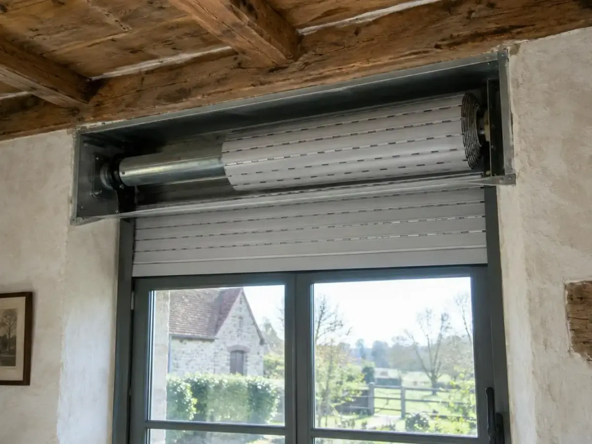 Caisson de volet roulant ouvert sous un plafond à poutres, tablier enroulé visible au-dessus de la fenêtre