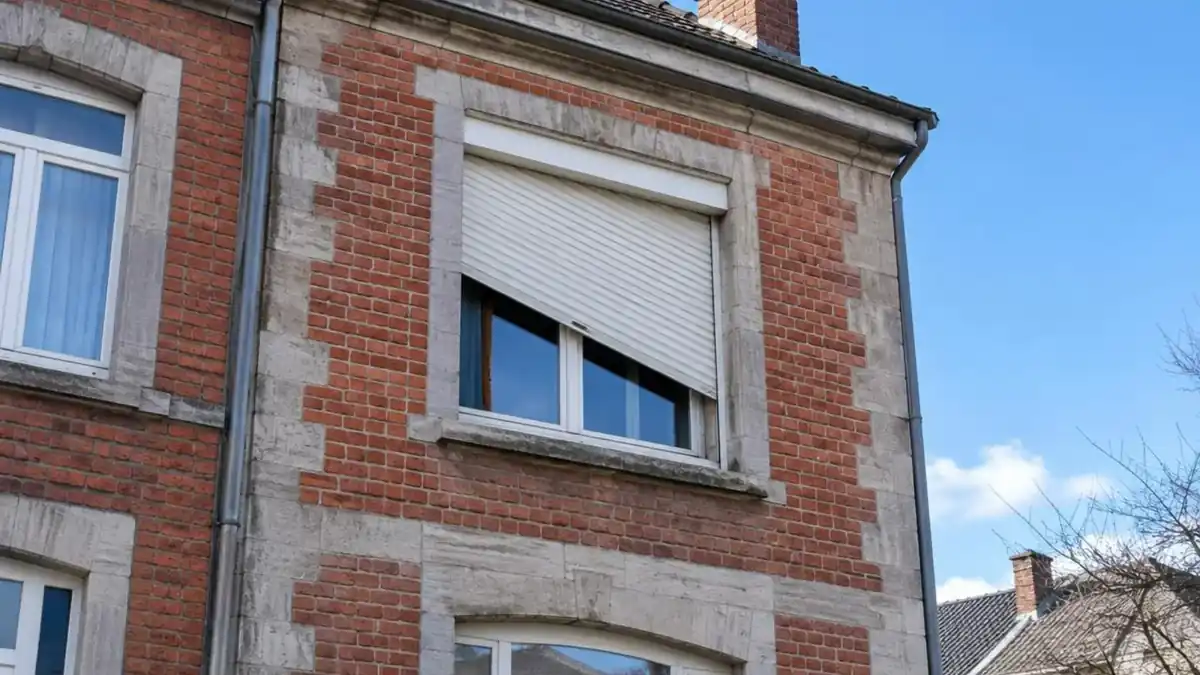 Façade en brique rouge et pierre de taille, volet roulant blanc resté coincé de travers à l'étage