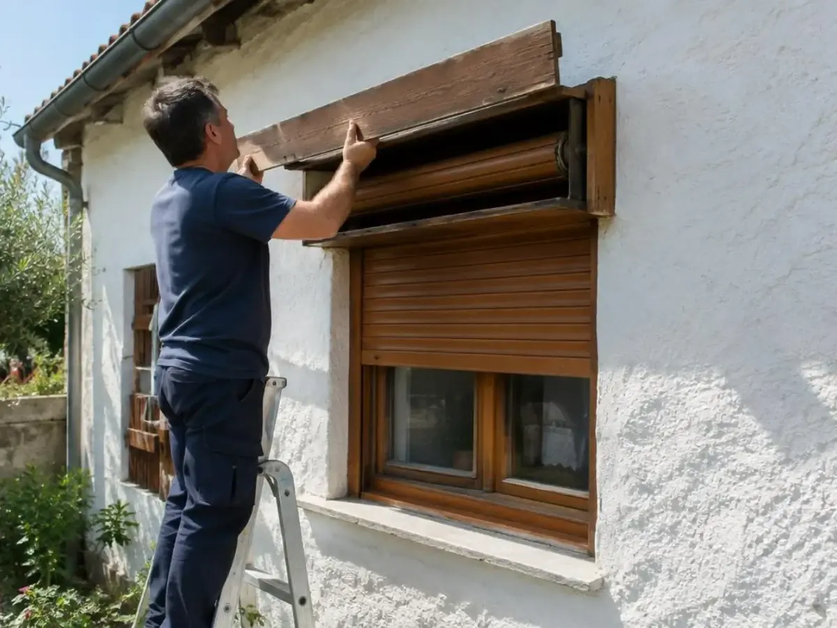 Technicien sur un escabeau ouvrant le coffre d'un volet roulant en bois sur une façade blanche