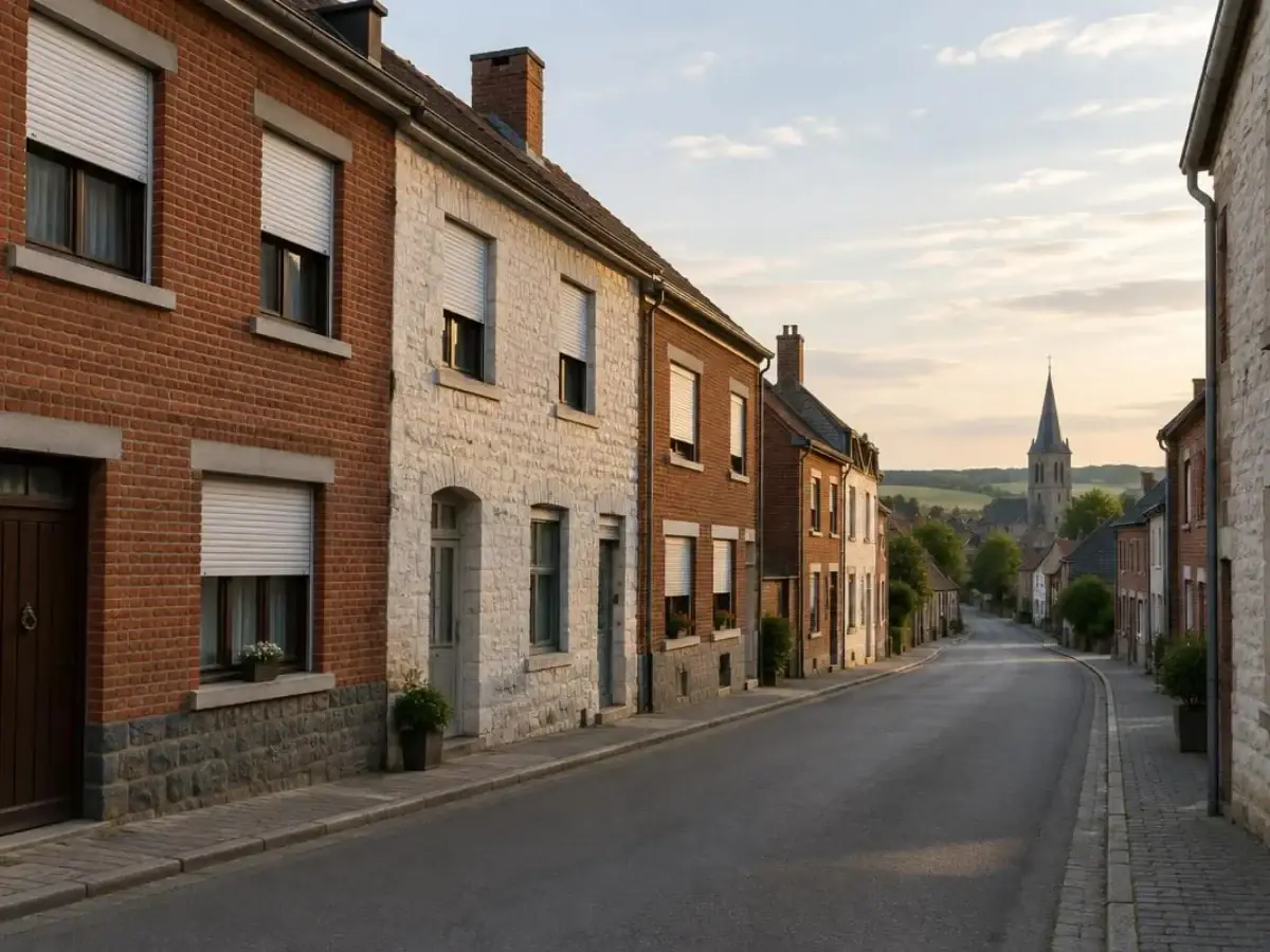 Route de village entre des maisons de brique et de pierre aux volets roulants, clocher à l'horizon