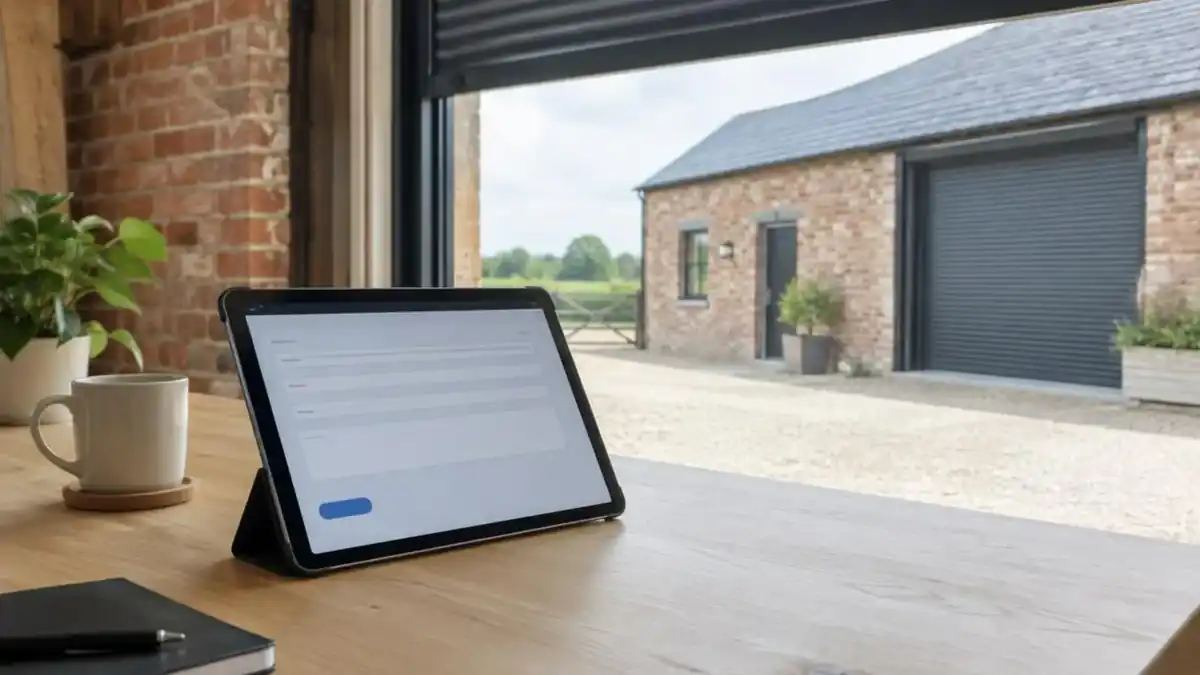 Tablette affichant un formulaire sur un bureau en bois, grange en brique visible par la fenêtre