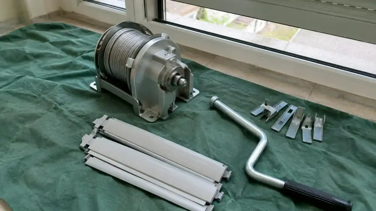 Kit de réparation de volet roulant sur une bâche verte : treuil, manivelle coudée, lames et attaches