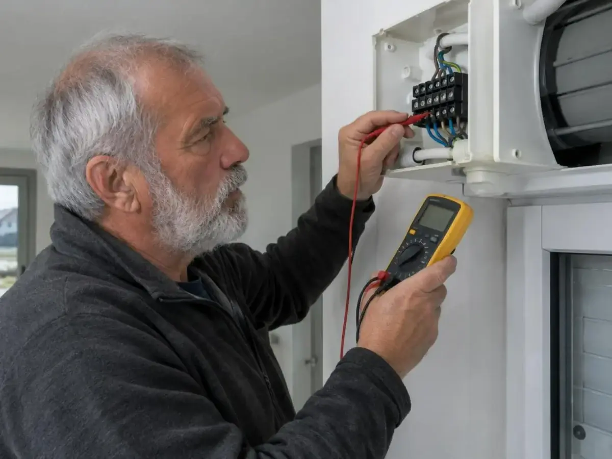 Technicien à barbe grise contrôlant au multimètre le raccordement d'un volet roulant électrique