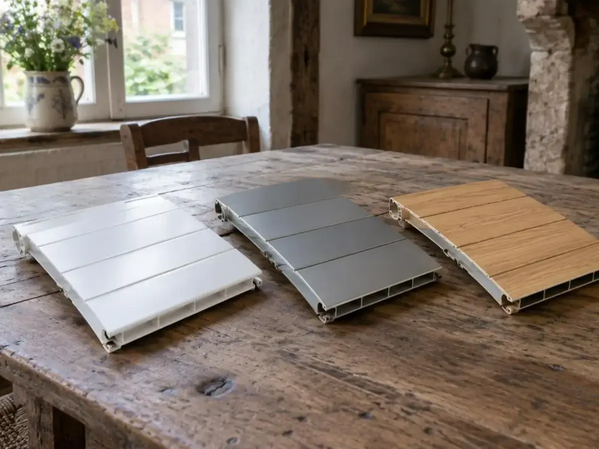Trois échantillons de lames de volet roulant, PVC blanc, aluminium gris et bois, sur une table en chêne