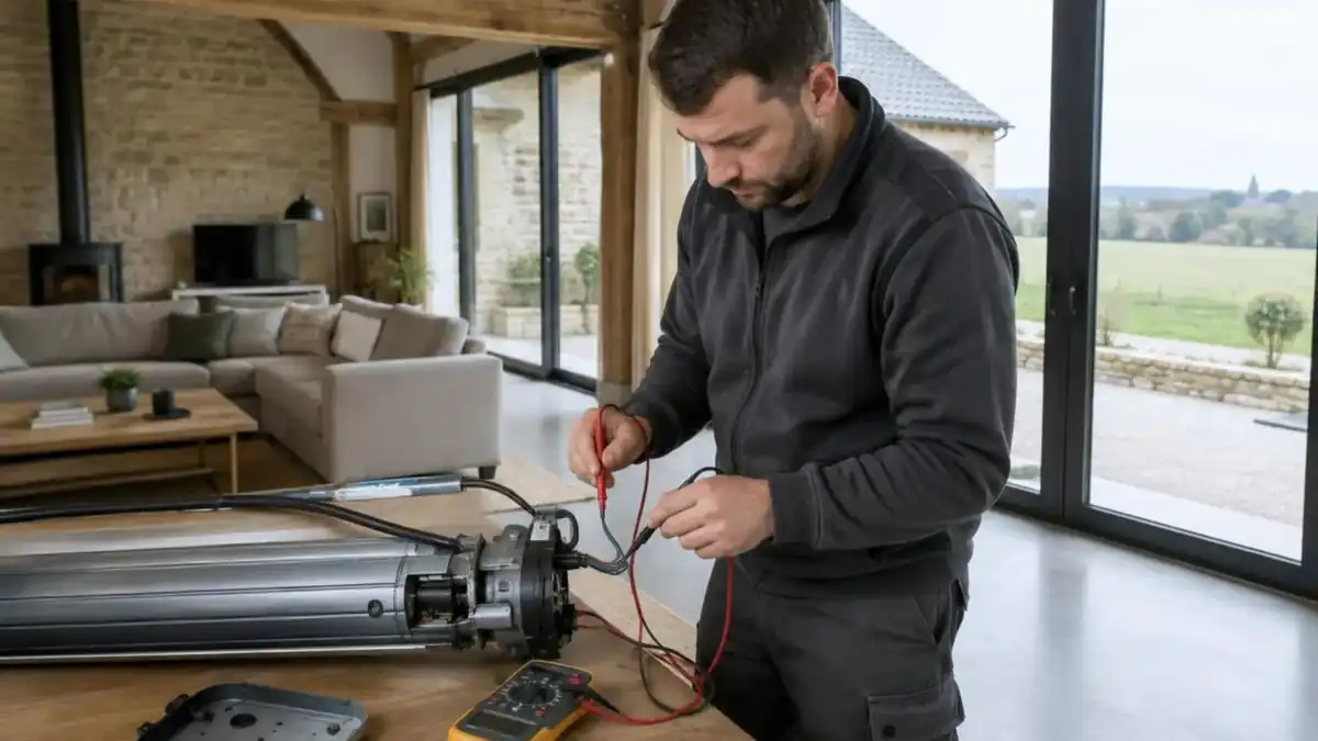 Technicien testant un moteur de volet roulant posé au sol d'un séjour aux grandes baies vitrées