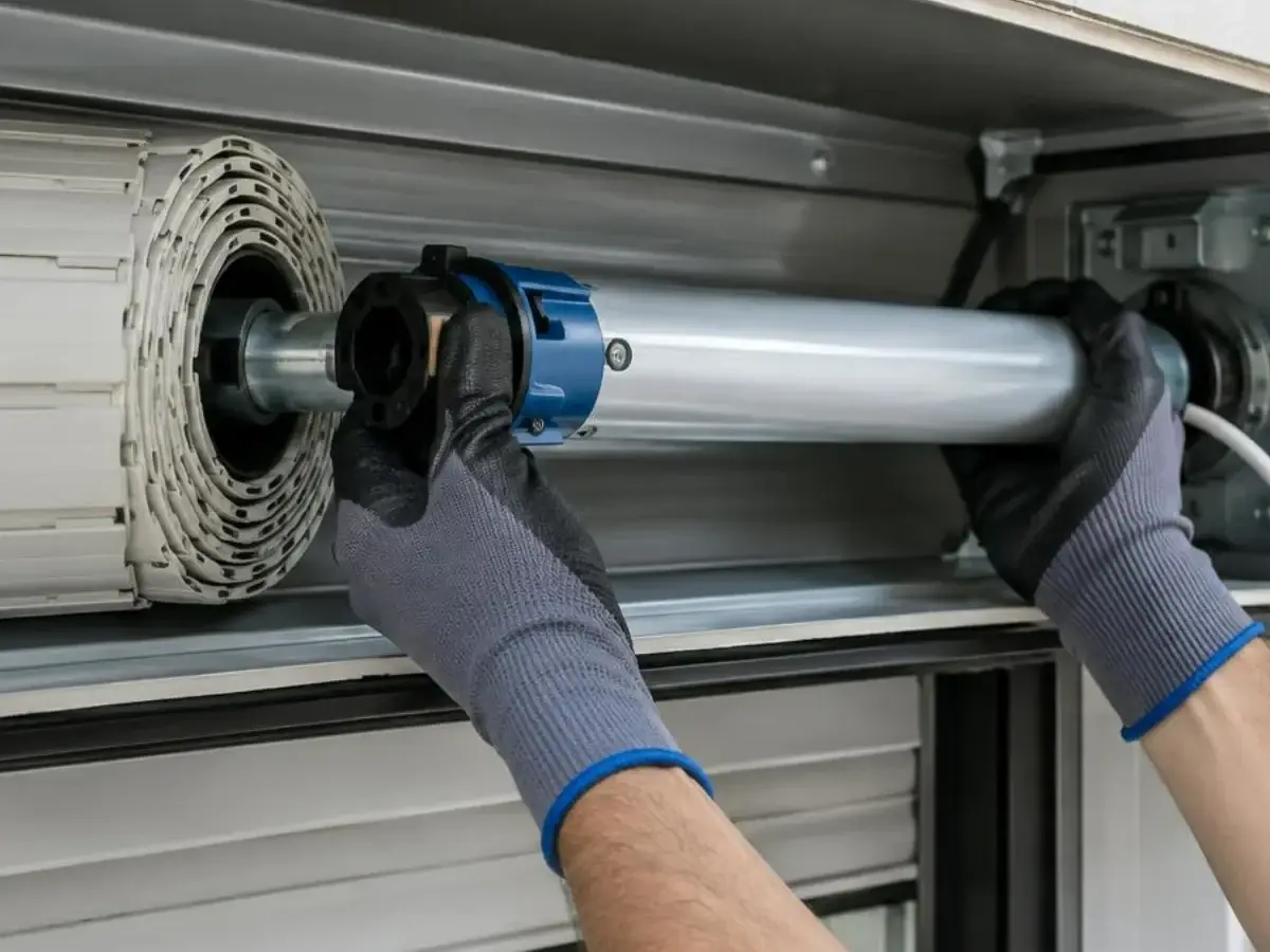 Mains gantées engageant un moteur tubulaire dans le tube d'un volet, vue rapprochée du caisson ouvert