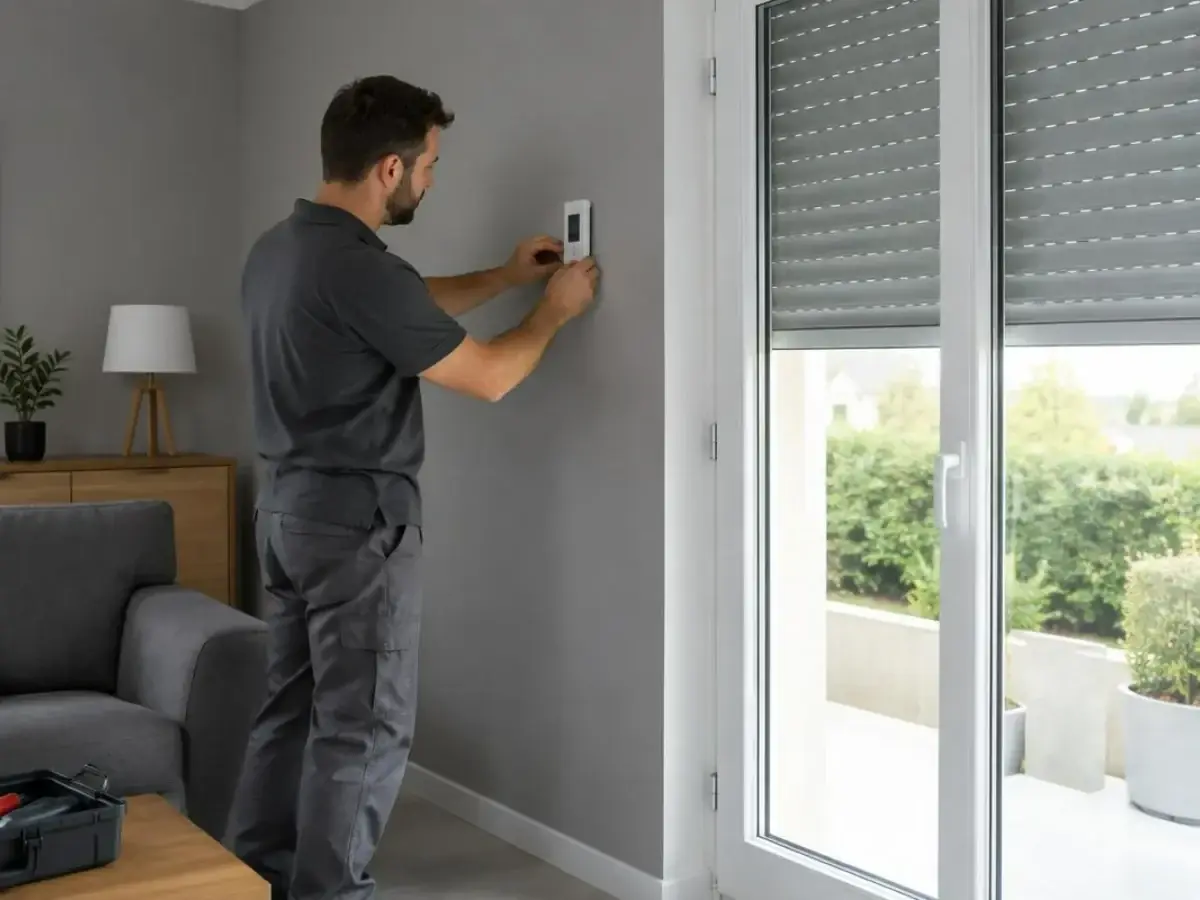 Technicien posant une commande murale à côté d'une porte-fenêtre aux volets roulants gris