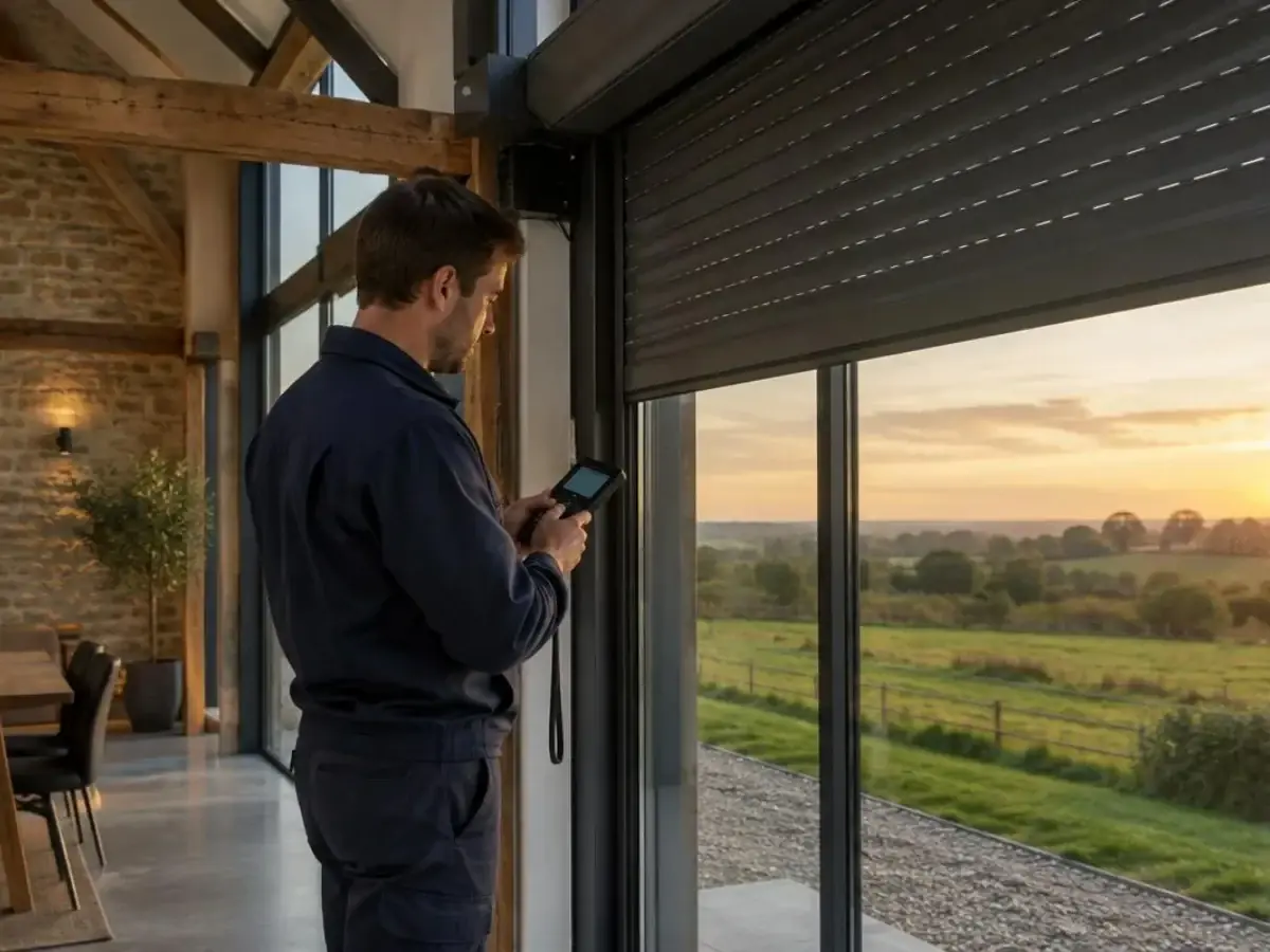 Technicien réglant à la télécommande le grand volet roulant d'une baie de grange rénovée au coucher du soleil
