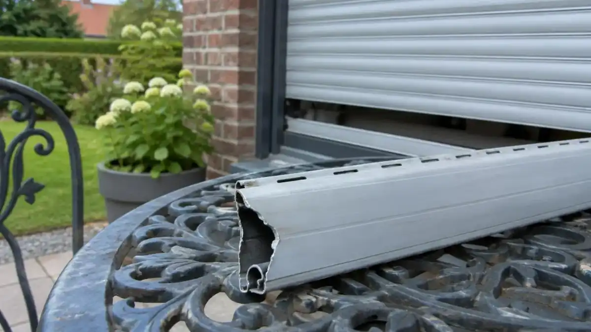 Lame de volet roulant en aluminium cassée posée sur une table de jardin en fer forgé