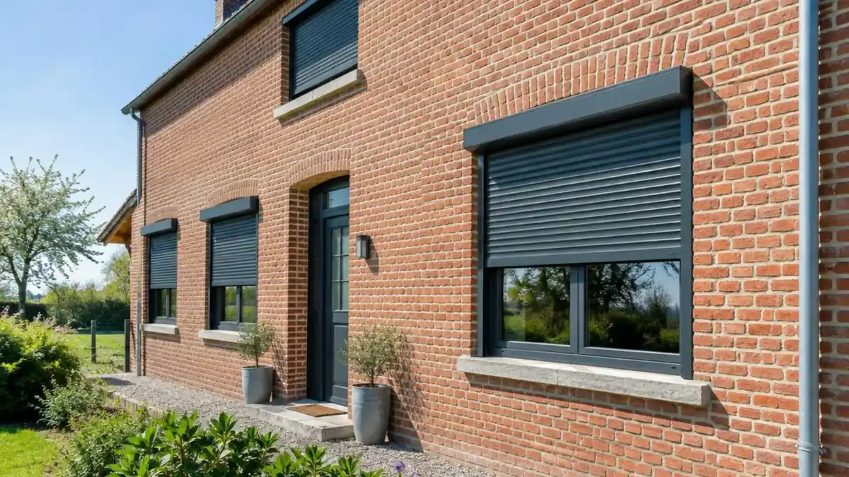 Maison en brique rouge équipée de volets roulants anthracite neufs, jardin au premier plan