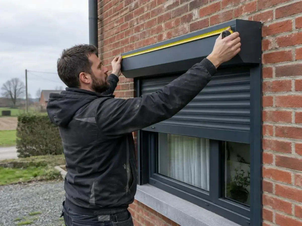 Technicien mesurant au mètre ruban la largeur d'un coffre de volet roulant anthracite sur un mur en brique