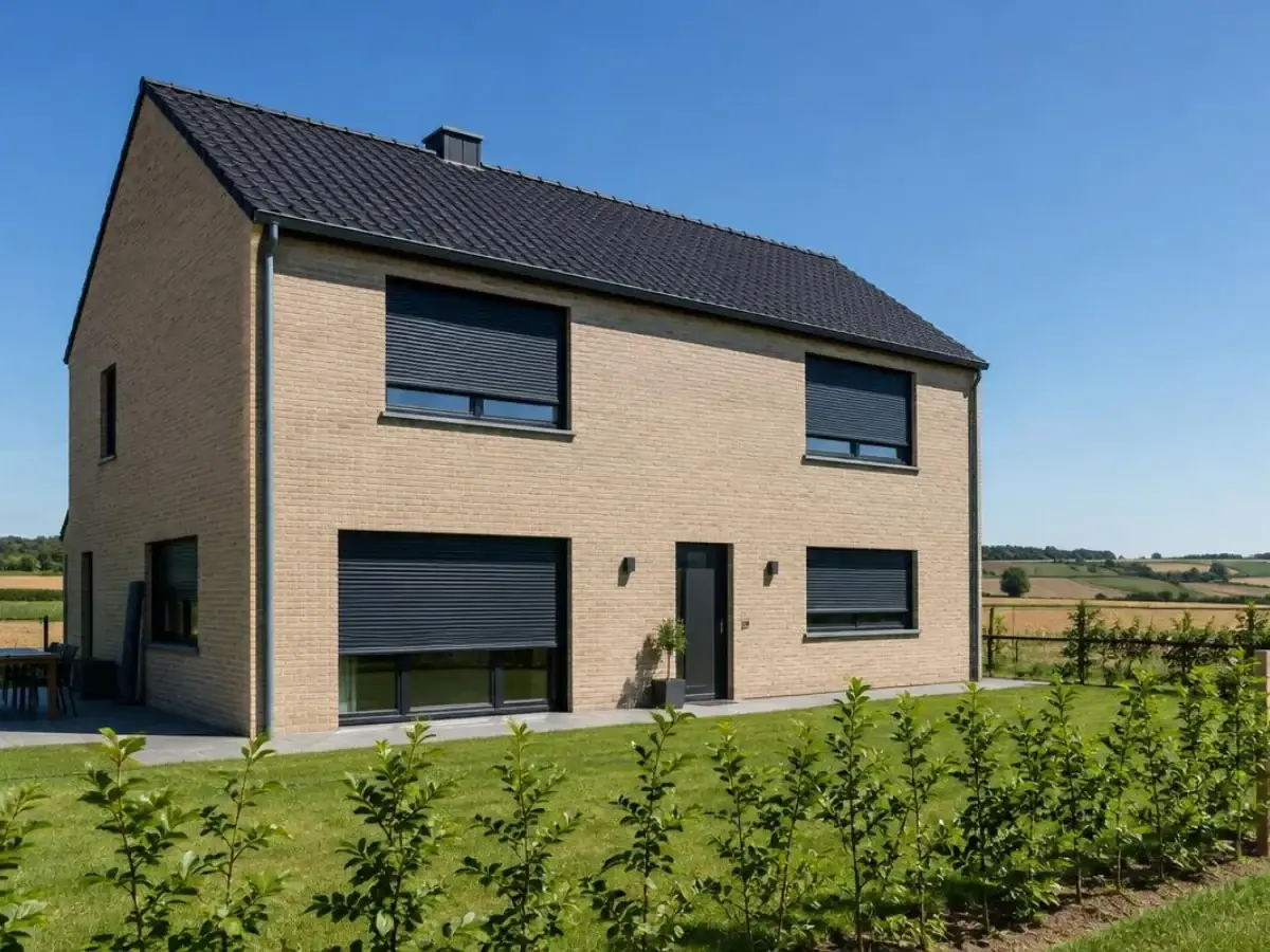 Maison récente en briques beiges aux volets roulants noirs, pelouse neuve et jeune haie