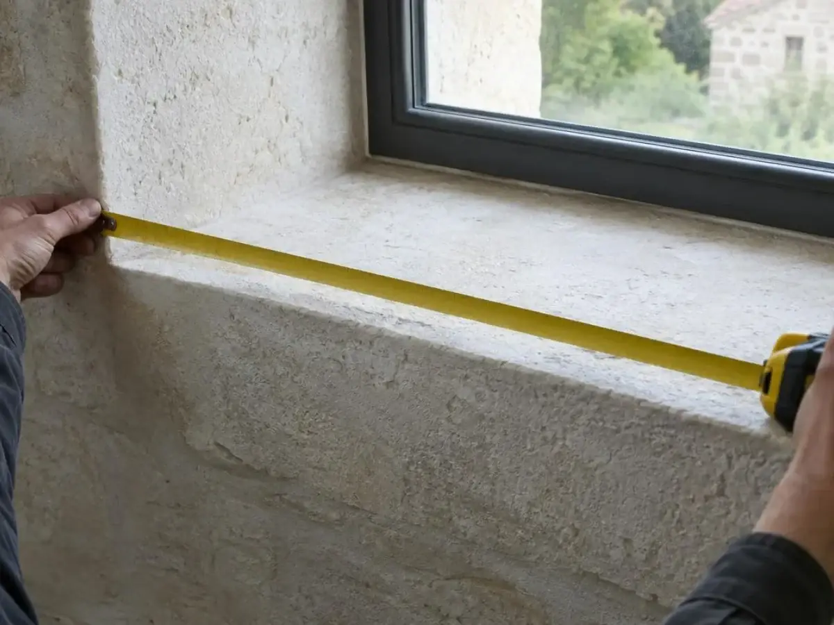 Mètre ruban déroulé sur l'appui d'une fenêtre percée dans un mur épais blanchi